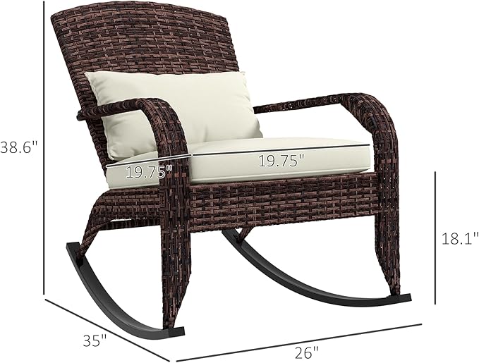 Outsunny Outdoor Wicker Adirondack Rocking Chair, Patio Rattan Rocker Chair with High Back, Seat Cushion, and Pillow for Garden, Porch, Balcony, Cream White