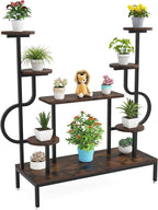 Tribesigns 8-Tier Metal Plant Stand, Large Tall Plant Shelf for Multiple Plants, Round & Square Boards, Wood Indoor Ladder Holder Flower Rack for Living Room, Patio, Balcony (Rustic Brown & Black)