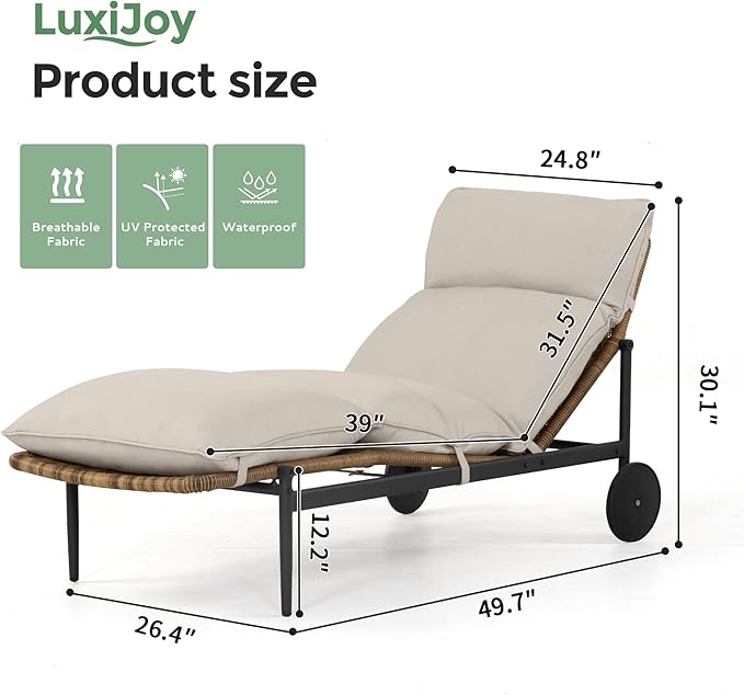Chaise Lounge Set of 2 - PE Rattan Wicker Patio Pool Lounge Chair with Cushion and Wheels, Aluminum Waterproof Chaise Lounger for Poolside Backyard Deck Porch