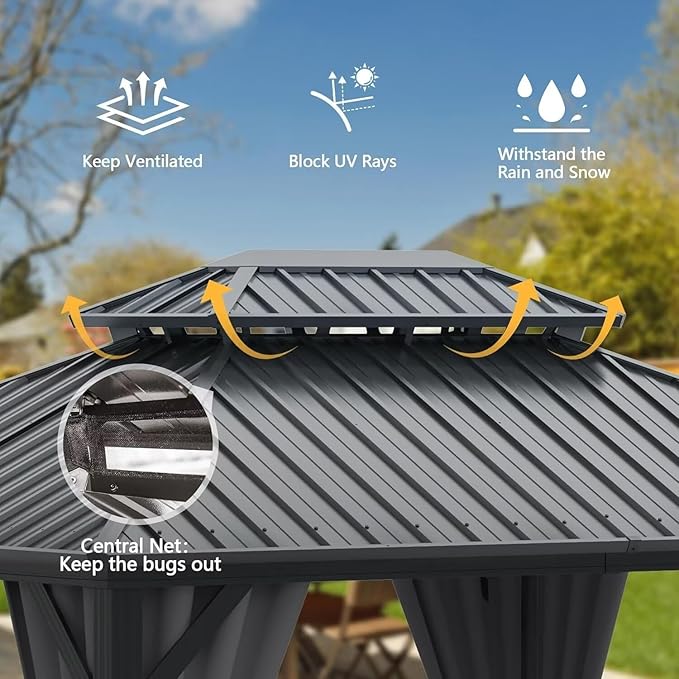 Domi 12’ X 20’ Hardtop Gazebo Canopy with Netting & Curtains, Outdoor Metal Gazebo with Galvanized Steel Double Roof for Patio Lawn and Garden, Gray