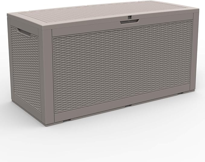 Modern-Depo 100 Gallon Deck Box Waterproof Outdoor Storage Bench Polypropylene PP Garden Tools Pool Towel Storage Bin Porch Delivery Box, Gray