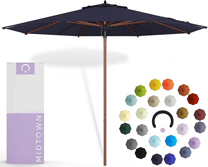 Midtown Umbrellas The Wooden 9 Feet Patio Umbrella With Terylast Navy (Navy Blue) Polyester Fabric - Aluminum Frame Market Umbrella For Backyard, Deck, Garden, Pool - Wooden Pole