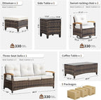 MEISSALIVVE 7 Pieces Patio Furniture Sets,PE Wicker Outdoor Furniture Conversation Sets with 2 Wood Armrests Swivel Rocker Chairs, 2 Ottoman, 3-seat Sofa and Coffee Table(Brown)