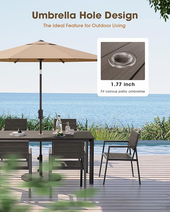 Outdoor Patio Dining Table, Aluminum & HDPE Outdoor Table with Umbrella Hole, All-Weather for Deck, Garden, Lawn, Backyard, Poolside and Indoor Use (Charcoal)