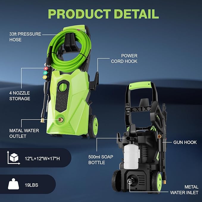 2025 New 5000PSI Electric Pressure Washer, Power Washer with 33FT Resistant Extension Hose and 4 Nozzles, Compatible with Undercarriage Cleaners, Professional Powerwashers for Home/Car(Green)