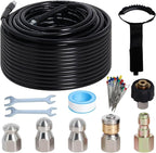 100FT Sewer Jetter Kit for Pressure Washer, 5800PSI Water Jet Durable Drain Cleaner Hose 1/4 Inch NPT Corner with 4 Specialized Nozzles，Waterproof Tape, Pearl Corsage Pin, Handle Strap & 2 Spanners