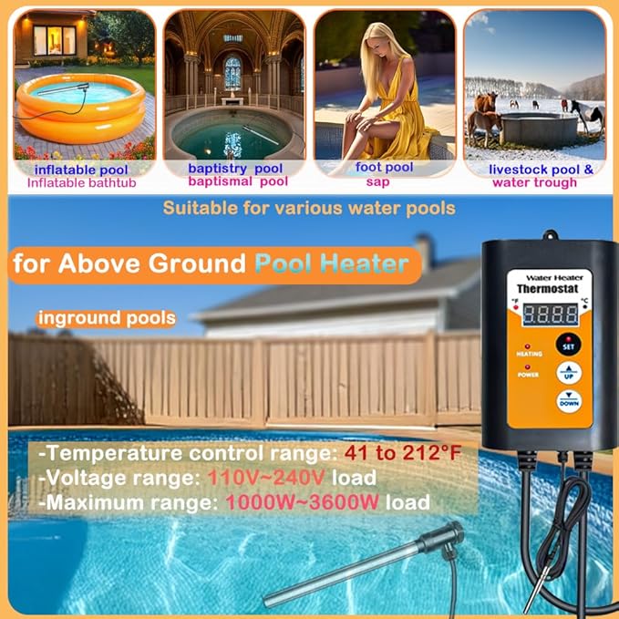 240V 3000W Portable Fully Submersible Electric Pool and Hot Tub Immersion Water Heater with Gfci Plug, Thermostat for Bathtub, Baptistry, Baptismal, Inflatable, Swimming Above Ground Pools