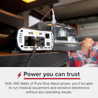Cobra CPI400PSW Pure Sine Portable Power Inverter with Compatible Cobra CPIALCDG1 Remote Controller: 2 Grounded AC Outlets, 2 Fast Charge USB Ports, Remote On/Off, 4 Mounting Options, Black