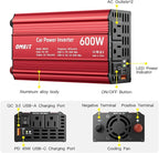 600W Car Power Inverter, 12V DC to 110V AC Converter with 2 AC Outlets, 45W PD USB-C & 20W QC3.0 USB-A Fast Charging Ports, Car Plug Adapter for Laptop, Phone, Road Trip