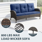 7 Piece Patio Furniture Set - Wicker Patio Conversation Set with Swivel Glider, Glider Loveseat, Tempered Glass Side Table and 2 Ottomans for Deck Backyard - Brown Wicker Blue Cushion