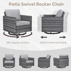 Wicker Patio Furniture Set, 6 PCS Outdoor Patio Furniture Set with Swivel Chairs, Includes 2 Swivel Patio Chairs, 1 Outdoor Couch, 1Side Table and 2 Ottoman, Grey/Grey