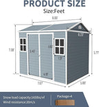 8x6 ft Resin Outdoor Storage Shed with Two-Window and Double-Door, Plastic Shed with Floor for Gargen, Patio, Yard, Lawn, Grey (1 Doors) (Grey, 8x6 ft)