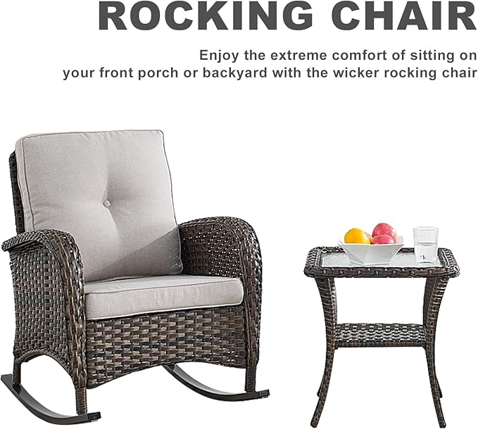 HUMMUH 5-Piece Outdoor Patio Furniture PE Wicker Patio Conversation Set,All-Weather Outdoor Rocking Chairs with Patio Couch Tables for Backyard,Poolside,Deck