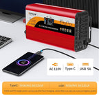 1500W Pure Sine Wave Inverter (3000W Peak), 12V/24V Auto-Detect, 50Hz/60Hz Switchable, LCD Display, Type-C Fast Charging, Silent Design, Overload & Overheat Protection for RV, Home (RED-1500W)