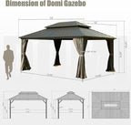 Domi 12’ X 14’ Hardtop Gazebo Canopy with Netting & Curtains, Outdoor Metal Gazebo with Galvanized Steel Double Roof for Patio Lawn and Garden, Gray