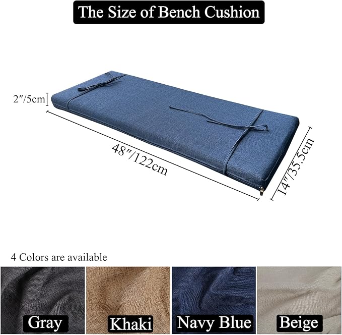 48 x 14 Inch Piano Bench Cushions for Indoor Furniture with Ties Non Slip Kitchen Dining Room Bench seat Cushion for Shoe Storage Ottoman Window Settee Pad, Gray