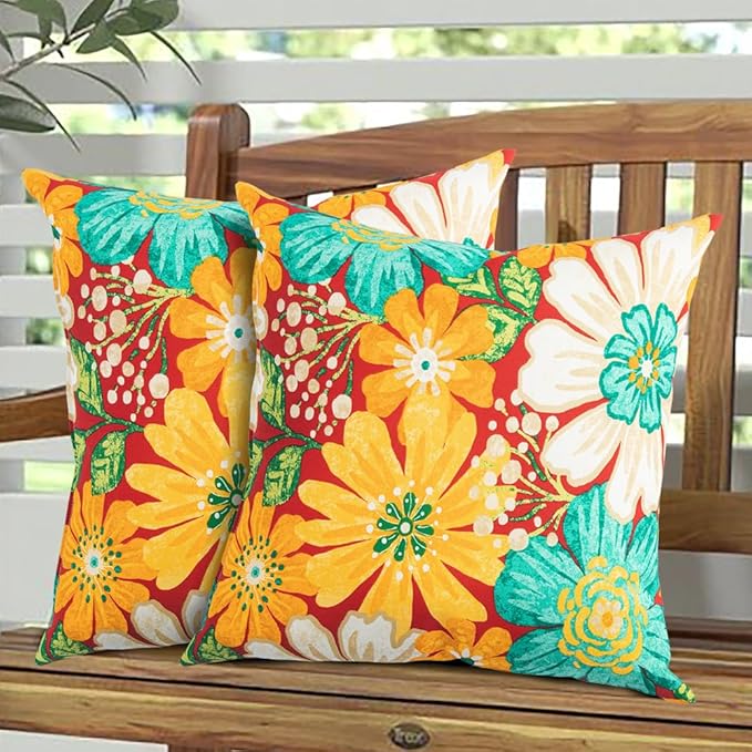 Magpie Fabrcis Pack of 2 Outdoor Waterproof Throw Pillow with Insert 18 x 18 Inch, Christmas Decorative Back Cushion Pad for Garden Patio Tent Balcony Couch Sofa (Embry Red Hibiscus)