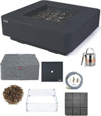Elementi+ | Bundle Bergamo Gas Fire Pit Cast Concrete 42" Square Fire Table, Outdoor Fire Pit Electronic Ignition | Canvas Cover, Fire Glass and Burner Lid Included | Dark Gray | Natural Gas