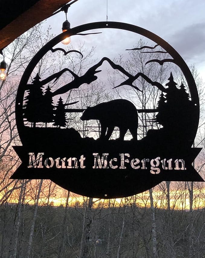 RealSteel Personalized Bear Family Metal Sign - Custom Outdoor Wall Art with Mountain Scene - Circular Design for Porch, Patio, Lawn & Garden Décor - Black, 18"