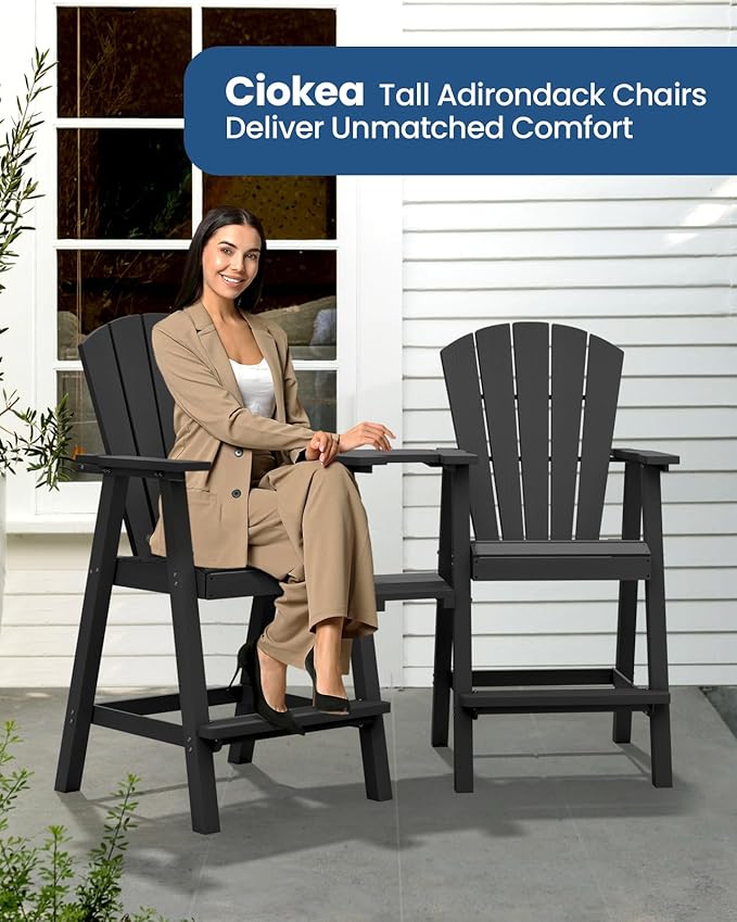 Ciokea Tall Adirondack Chairs Set of 2, HDPE Outdoor Adirondack Bar Stools with Double Connecting Tray, Weather Resistant High Back Adirondack Balcony Chairs for Deck, Lawn, Pool, Backyard, Black