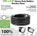 SPECILITE 5/8" Garden Hose 25 ft with High Flow Nozzle, Heavy Duty Flexible Hybrid Rubber Water Hose for Outdoor, Lightweight, Leak-Proof, No-Kink, 3/4"Stainless Steel Fittings,Black