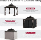 SUNJOY Kingston 10' x 10' Hardtop Gazebo with Galvanized Steel Double Roof, Curtain and Netting, Brown Aluminum Posts Permanent Pavilion Gazebo for Garden, Patio, Deck, Lawn