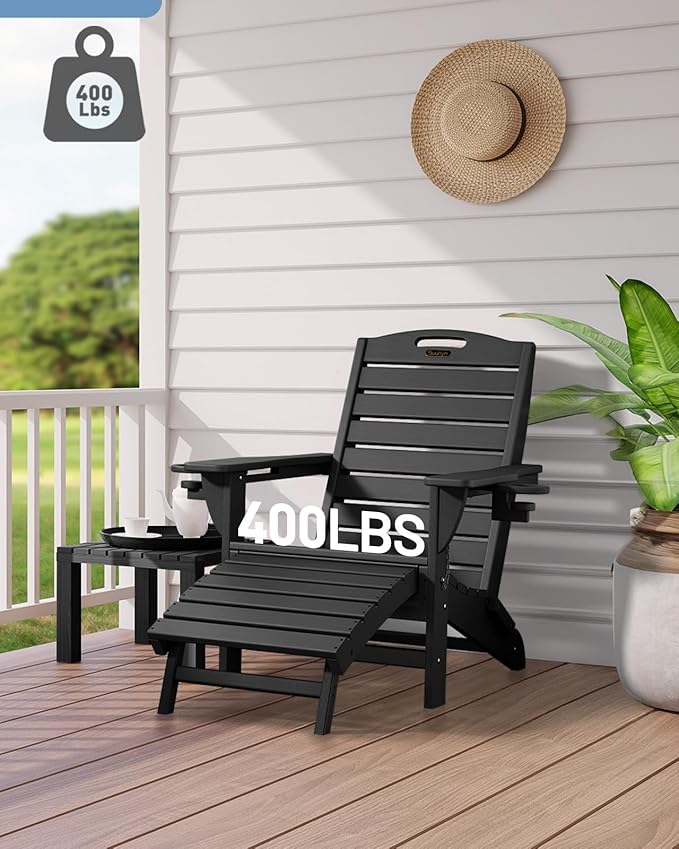 Folding Adirondack Chairs Set of 6,Adirondack Chair with Retractable Ottoman,Plastic Adirondack Chairs with 2 Cup Holder,Weather Resistant Patio Chair,Outdoor Chairs Set of 6(Black)