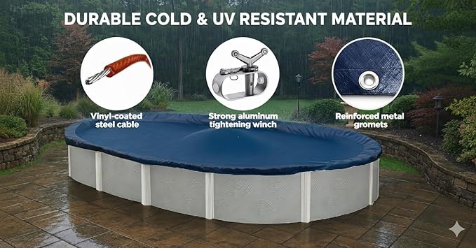 Aboveground Pool Winter Cover, Fits 12’ x 18’ Oval, Solid Blue – Includes Winch and Cable for Easy Installation – Superior Strength & Durability, Treated for UV Protection, WC1218OV