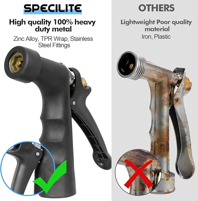 SPECILITE 5/8" Hot/Cold Garden Hose 150 ft with Industrial High Pressure Nozzle, Flexible & Lightweight, 600psi Burst Rubber Water hose -50℉-158℉ With 3/4"Stainless Steel Fittings for Yard, Black