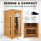 1-Person Infrared Sauna,1300W Indoor Sauna for Home, Side Glass Window, Canadian Hemlock Wood Personal Sauna with 5 Heating Panels, LED Reading Lamp, Blue-Tooth