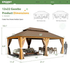EROMMY 12'x22' Gazebo, Wooden Finish Coated Aluminum Frame Pergola with Double Galvanized Steel Hardtop Roof, Outdoor Permanent Metal Pavilion with Curtains and Nettings for Patio, Backyard and Deck