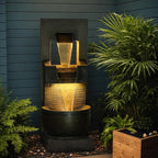 39" H Modern Outdoor Water Fountain with LED Lights and Pump, 3-Tier Standing Cascading Waterfall - Modern Design for Garden/Patio/Yard, Multi-Level Outdoor Decor 15“x14”x39“(Brown)