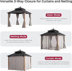 SUNJOY Kingston 10' x 10' Hardtop Gazebo with Galvanized Steel Double Roof, Curtain and Netting, Woodgrain Finish Aluminum Posts Permanent Pavilion Gazebo for Garden, Patio, Deck, Lawn