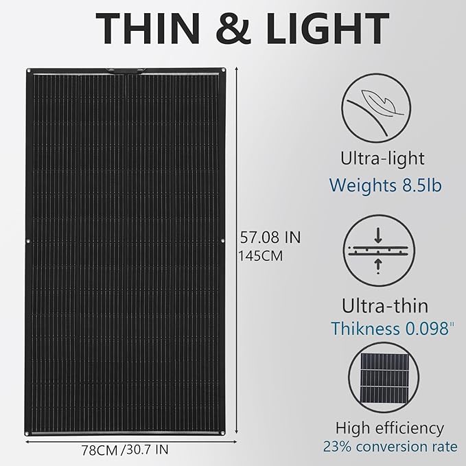 XINPUGUANG Flexible Solar Panel 200 Watts Monocrystalline Fiberglass Solar Modules Charger Off-Grid for 12V System Boat RV Cabin Van Car Uneven Surfaces (200W)