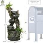 Outdoor Cascading Water Fountain Garden, 43.7'' Resin Tree Trunk & Rock Design Garden Waterfall Feature with LED Lights for Patio, Porch, Backyard and Home Decor, Gift