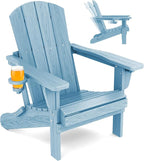SERWALL Folding Adirondack Chair, Adirondack Outdoor Chair with Cup Holder, Adjustable HDPE Adirondack Chair with 3 Recline Positions, Light Blue