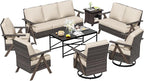 8 Pieces Patio Furniture Set,Outdoor Loveseat Sofa & High Back Swivel Rocker Patio Chairs, Wicker Conversation Set with Coffee Table and Side Table for Deck Yard and Poolside