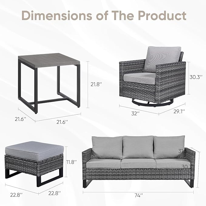 Wicker Patio Furniture Set, 6 PCS Outdoor Patio Furniture Set with Swivel Chairs, Includes 2 Swivel Patio Chairs, 1 Outdoor Couch, 1Side Table and 2 Ottoman, Grey/Grey