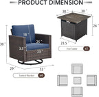 Outdoor Swivel Rocker Chairs Set of 4 with Fire Pit Table - 5 Peice Wicker Patio Furniture Set Conversation Set with 50,000 BTU Fire Pit for Deck Backyard - Brown Wicker Blue Cushion