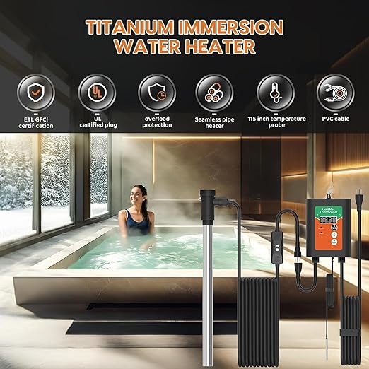 3500W 240V Titanium Fully Submersible Portable Electric Immersion Large Pool Water Heater Waterproof Hot Tub Heater with LCD Thermostat & GFCI Plug, for Swimming Pool, Bathtub, Baptistry, Bucket (OG)