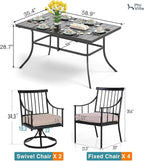 PHI VILLA 7 Pieces Patio Dining Table Set with Cushion for 6, Large Rectangular Metal Dining Table with Umbrella Hole & Cushioned Swivel Iron Chairs for Outdoor, Deck, Yard
