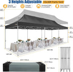 HOTEEL 10x30 Pop up Canopy Tent for Parties, Heavy Duty Easy Setup Tent with 8 Sidewalls, Outdoor Commercial Instant Gazebo for Wedding Event, with Portable Bag & Sand Bags, Black(Hexagonal Frame)