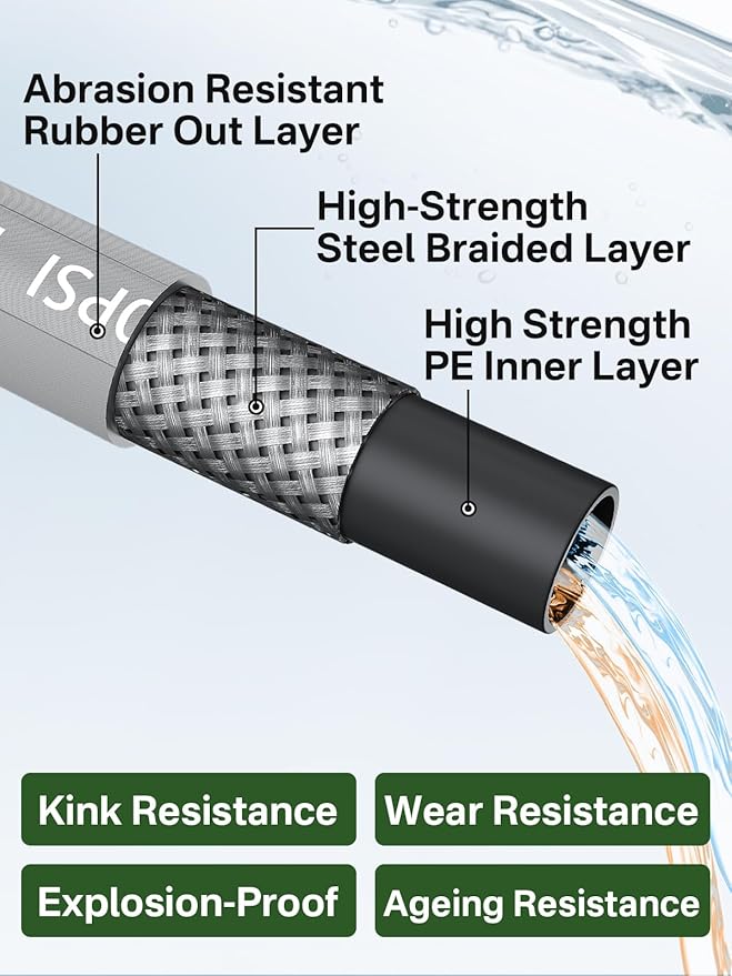 3/8" 4800PSI Pressure Washer Hose 150FT with Swivel Quick Connect for Cold/Hot Water Max 248°F, Kink Resistant Steel Wire Braided, Wear Resistant Power Washer Hose with M22 14mm Adapter