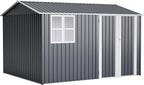 8x10 FT Shed Outdoor Storage Metal Large Garden Tool Sheds with Lockable Doors Floor Frame Window Gable Roof Waterproof Steel Utility Equipment Sheds for Backyard Patio Lawn Poolside, Grey