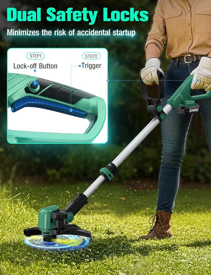 KIMO Cordless Weed Wacker Battery Operated w/ 2 x 2.0Ah Batteries, 2-in-1 String Trimmer & Edger with Charger & Wheels, 10Pcs Cutting Lines, 12" Dual-Sided Cutting Line, 20V Weed Trimmer for Lawn Yard