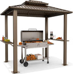 Hoteel 6x8 Hardtop Grill Gazebo, Outdoor Patio BBQ Gazebo with Galvanized Steel Double Roof, Hardtop Barbecue Canopy with 2 Side Shelves for Deck Lawn Backyard Garden,Brown