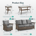5 Pieces Wicker Patio Furniture Set - Hollow Widen Armrests Outdoor Swivel Glider Chairs and 3 Seat Sofa with Coffee Table & Side Table for Balcony Porch Deck and Yard - Brown/Gray