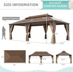 MELLCOM 14' x 24' Hardtop Gazebo,Galvanized Steel Metal Double Roof with Curtain and Netting,Brown Permanent Pavilion Gazebos with Aluminum Frame for Patios,Gardens,Lawns