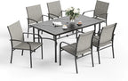 Patio Dining Set for 6, 64" Rectangular Metal Dining Table with Umbrella Hole and 6 Chairs, Outdoor Table and Chairs Set for Lawn Garden Backyard and Deck, Brown