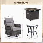 Patio Luxury Conversation Set 6PCS Resin Wicker Swivel Chairs Set, 4 Swivel Patio Chairs with Rattan Side Table and 30in Square Wicker Fire Table Set Brown Wicker|Grey Cushions